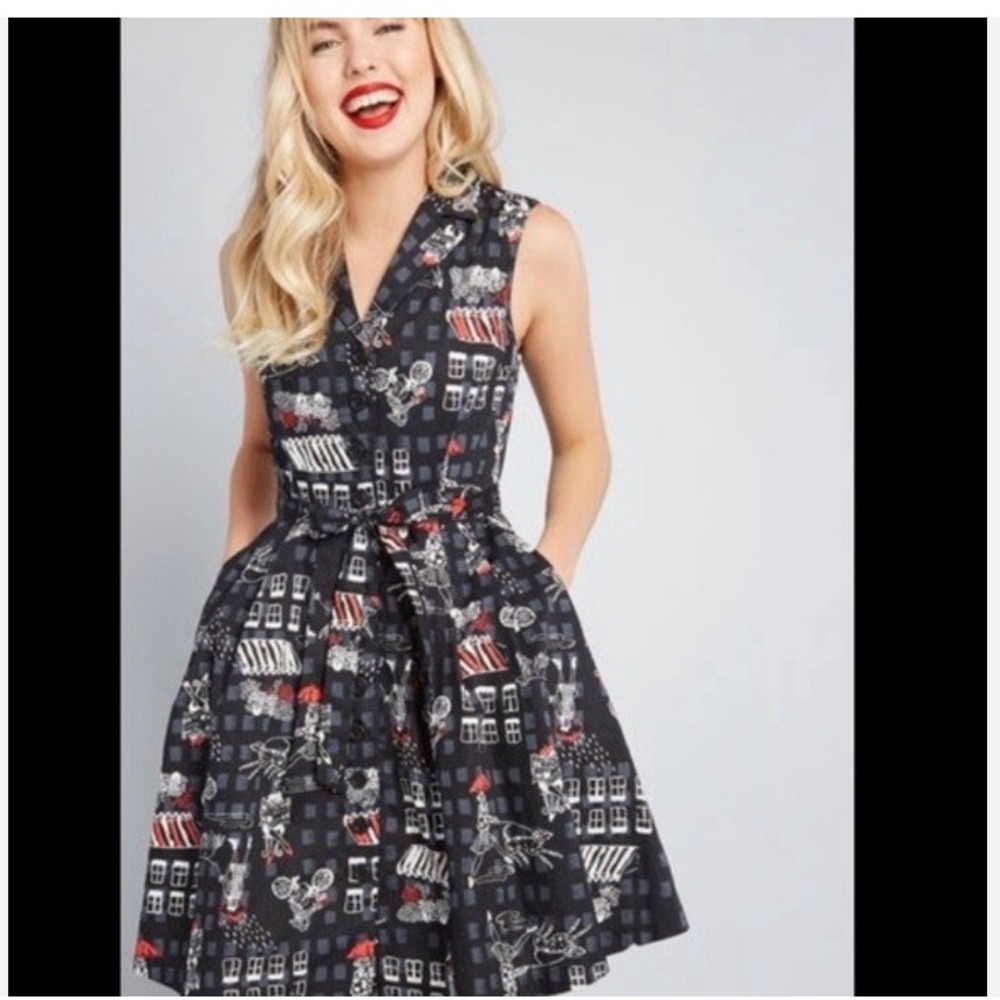 ModCloth Blacj Novelty Print Sleeveless Fit and Flare Dress with Waist Belt L